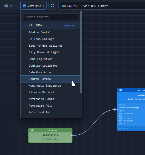 Call Flow Studio on VitalPBX: the tenant switcher open over a live call-flow canvas, each tenant on its own diagram